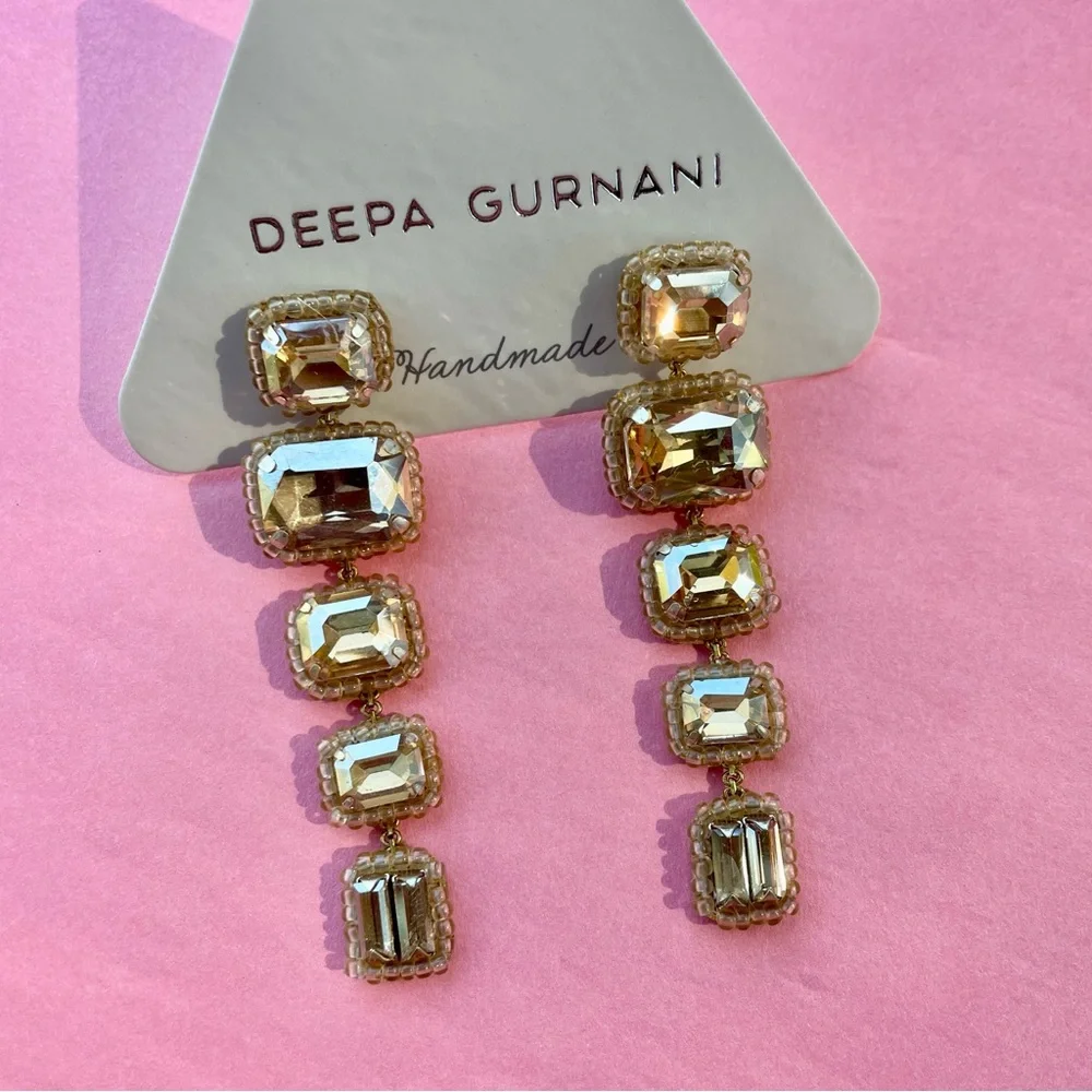 Deepa Gurnani Linear Crystal Drop Earrings Gold NWT - Picture 5 of 8